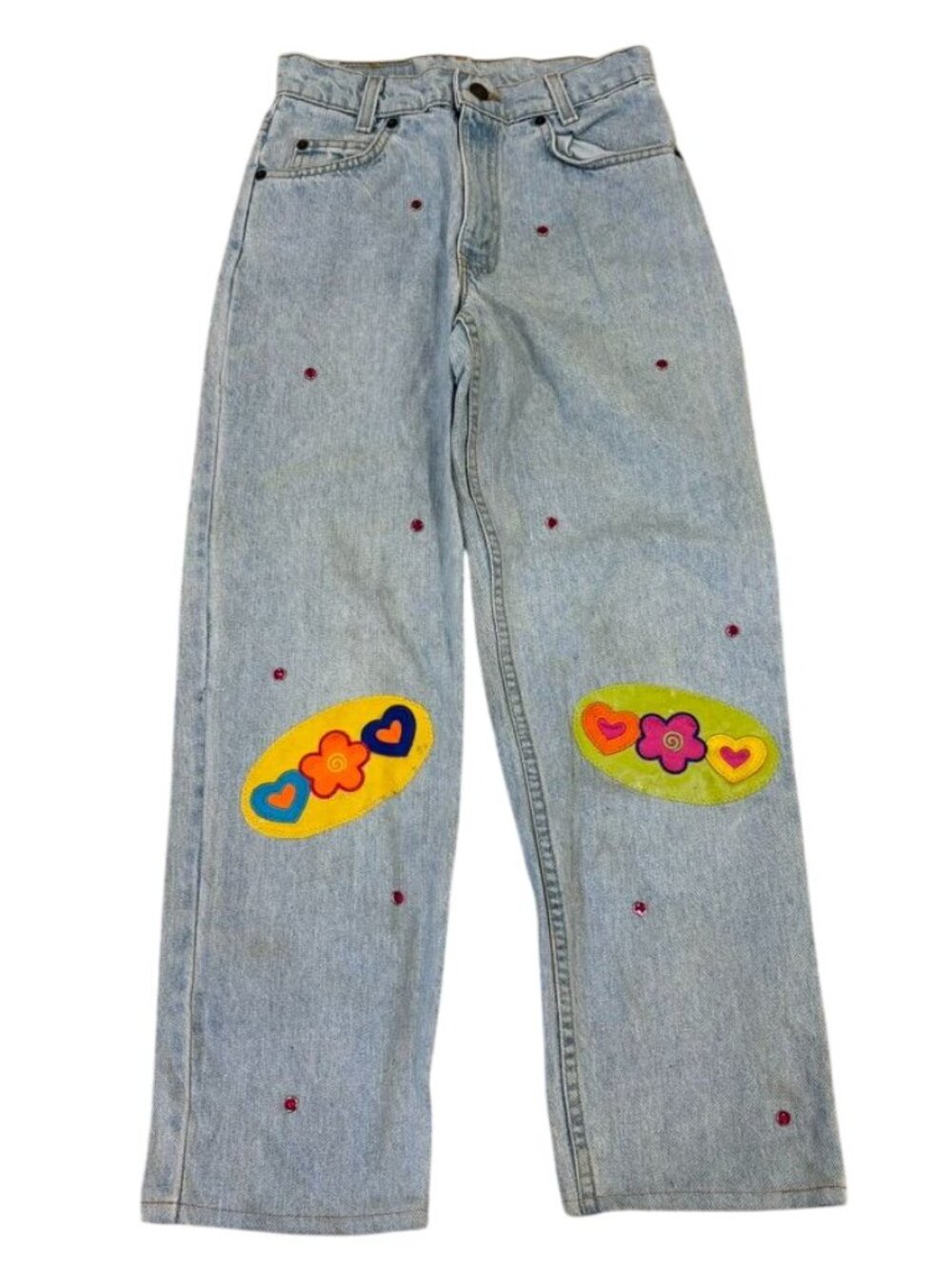 Suzy T Vintage Light Wash Denim Jeans Floral Heart Patches Rhinestone Accents Gi